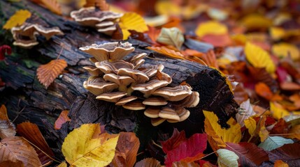 Poster - Variety of fungi sprouting from a decaying log in a vibrant autumn forest, surrounded by fallen leaves.