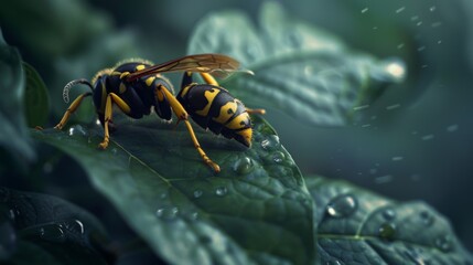 Poster - Wasp resting on a leaf, its wings folded neatly against its body.