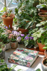 Poster - A variety of potted plants and a book arranged neatly on a table