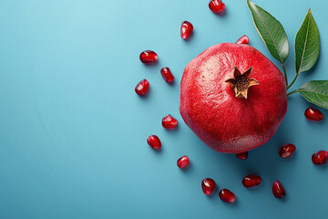 Poster - A pomegranate fruit surrounded by vibrant green leaves placed against a solid blue background