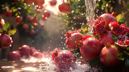 Poster - Ripe pomegranates hanging off trees in a vibrant garden, being refreshed as water splashes onto them. The red fruits glisten in the sunlight as the water droplets cascade down their smooth skin