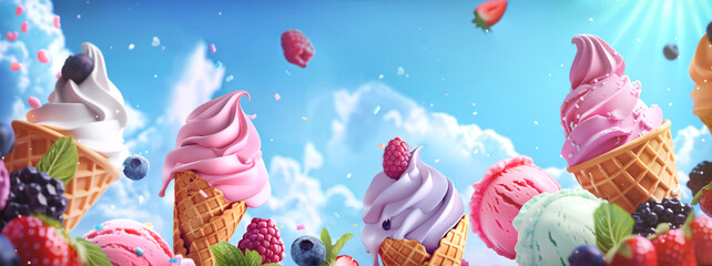 Wall Mural - Abstract panoramic banner of various kinds of the ice cream with fruits for ice cream parlor or advertisement