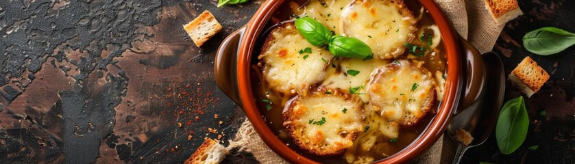 Top view of French onion soup with cheese and croutons, using the rule of thirds, with ample copy space