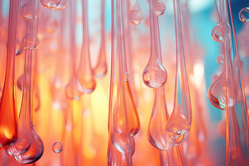 Poster - Pink holographic bubbles floating on the soft colorful abstract background in beautiful vivid tones.
