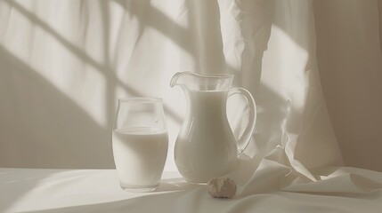 Wall Mural - Imagine a picturesque scene for World Milk Day with a classic jug of milk and a glass elegantly set on a table against a clean white backdrop leaving ample room for additional content