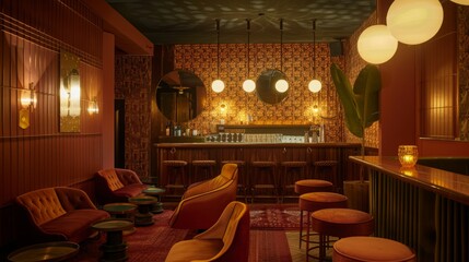 Aufkleber - This cozy lounge bar features vintage decor, warm lighting, plush seating, and a well-stocked bar, creating an inviting atmosphere for evening relaxation and socializing.