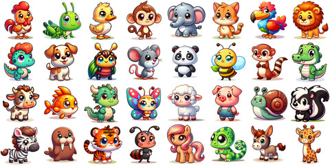 Large set of cute cartoon animal game characters (including a cat, dog, lion, tiger, elephant, panda bear, giraffe, donkey, zebra, monkey, sheep,, cow, pig, duck, pony, dragon), isolated on white