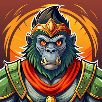 Gorilla warrior avatar vector, A digitally illustrated avatar of a mystic warrior, adorned with intricate armor against abstract background