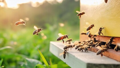 Honey bees swarming and flying around their beehive in the morning