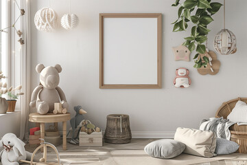 Sticker - Mock up frame in children room with natural wooden furniture Farmhouse style interior background 3D render