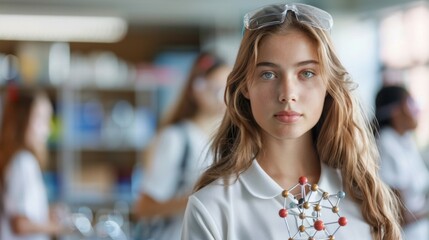 Wall Mural - Young Woman Holding Molecular Model