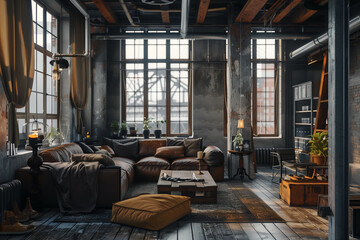 Wall Mural - Living room loft in industrial style 3d render
