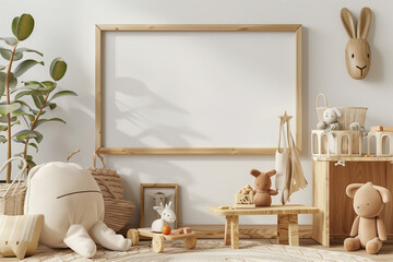 Sticker - Horizontal wooden frame mock-up in children room with natural wooden furniture and toys 3D render
