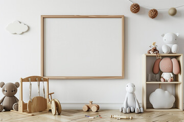 Sticker - Horizontal wooden frame mock-up in children room with natural wooden furniture and toys 3D render