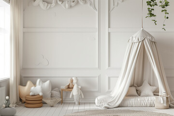 Sticker - White cozy children room interior background wall mockup 3D render