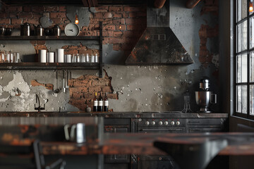 Wall Mural - Wall mockup in loft kitchen in industrial style 3d render