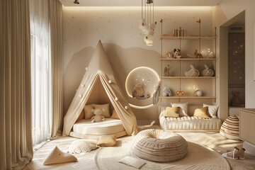 Sticker - Cozy beige children room interior background 3D render