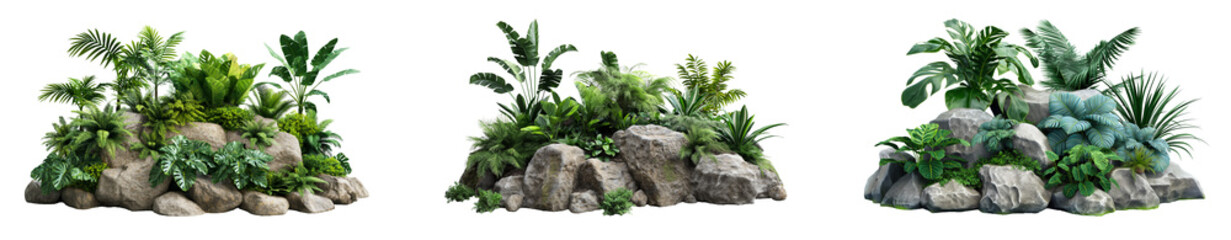 Poster - collection of stones garden design with large green plants isolated on transparent or white backgrou