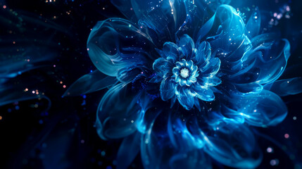 Wall Mural - A blue flower with a white center is the main focus of the image. The flower is surrounded by a blue background with a starry sky in the background. The image has a dreamy and ethereal quality to it