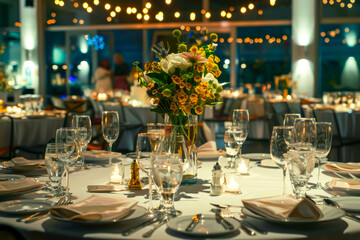 A table with a vase of flowers and a candle in the middle. The table is set for a dinner party