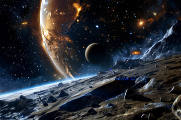 Wall Mural - A space scene with a planet and a star. The planet is surrounded by a lot of rocks and the star is surrounded by a lot of stars