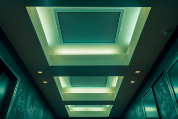 Poster - The ceiling is green and white with a light blue trim. The light is on and the room is well lit