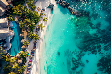 Wall Mural - A beautiful beach with palm trees and a clear blue ocean. The beach is full of people enjoying the sun and the water