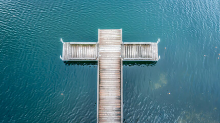 Wall Mural - A wooden pier with a cross on it sits in the water. The water is calm and clear, and the pier is surrounded by trees. The scene is peaceful and serene, with the water