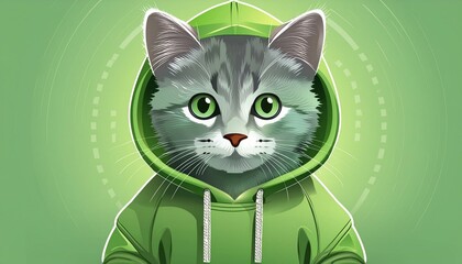 Grey kitten wearing a green hoodie