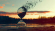 © VicenSanh - A glass hourglass with sand spilling out of it. The sand is falling into the water. The scene is set at sunset