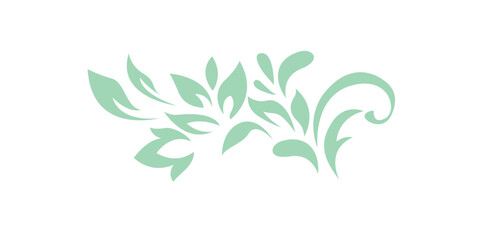 Wall Mural - Abstract pattern, decorative element, clip art with stylized leaves, flowers and curls in light green lines on white background. Vintage ornate