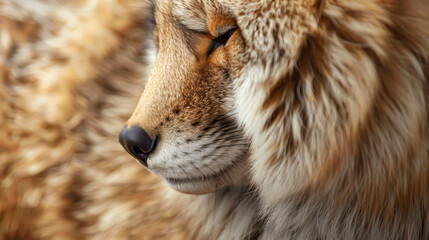 Wall Mural - A fox is sleeping with its head resting on its paws. The fur is long and fluffy, and the fox is curled up in a cozy position
