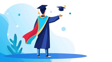 Wall Mural - A young man in a graduation gown throws his cap in the air.