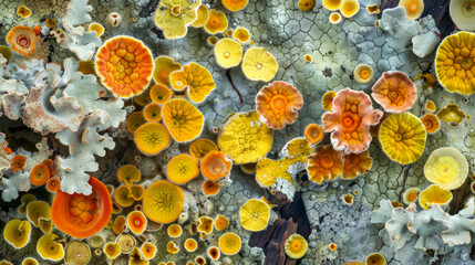 A close up of many different colored mushrooms and fungi. The mushrooms are yellow and orange and are growing on a tree