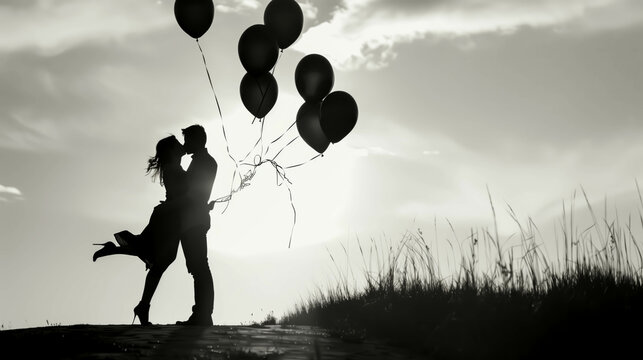 A couple is holding balloons and kissing in the air. The balloons are black and the sky is cloudy