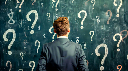 A man in a suit is looking at a chalkboard with many questions on it. Concept of curiosity and intellectual pursuit