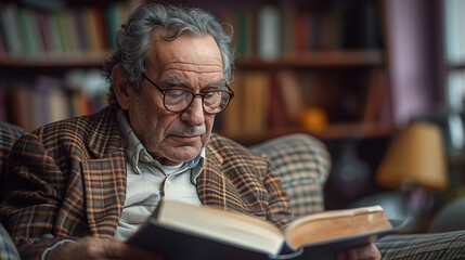 Wall Mural - Male professor in tweed jacket and glasses, reading a book, soft lilac background