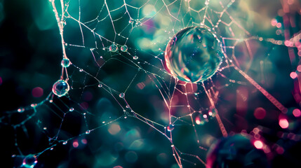 A web of water droplets is suspended in the air, creating a sense of movement and fluidity. The colors are vibrant and the overall mood is one of wonder and awe