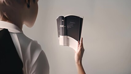 Poster - Womans Hand Holding Book in Front of Gray Background Generative AI