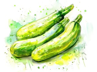 Wall Mural - watercolor, baby zucchini, vivid green, colors, white background