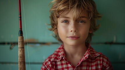 Wall Mural - Young boy in a red checkered shirt with a fishing rod, seafoam green background.