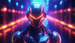 © Diego Ioppolo - Front view of a futuristic robot surrounded by purple and orange neon lights bokeh in the background