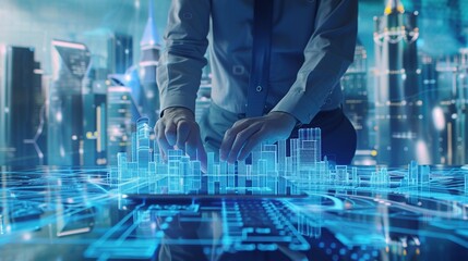 Digital hologram of a modern building on technology concept for real estate or architecture.