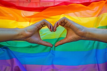 Poster - A rainbow flag with two hands forming the shape of heart, symbolizing love and diversity in pride celebration Generative AI