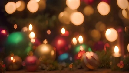 Poster - Group of Christmas Ornaments and Candles on Wooden Table Generative AI