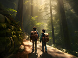 Fototapeta Natura - Two boys are on a holiday trip and are walking in the forest.