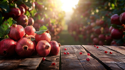 Poster - A group of ripe pomegranates sit on a wooden table, with a blurred background of an orchard in the late afternoon sun