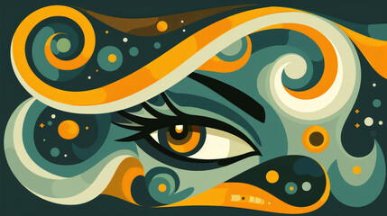 Poster - Abstract eye illustration with vibrant swirls and patterns in yellow, green, and teal hues
