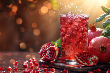 Aufkleber - Fresh pomegranate juice in a glass and scattered pomegranate seeds on a rustic wooden table