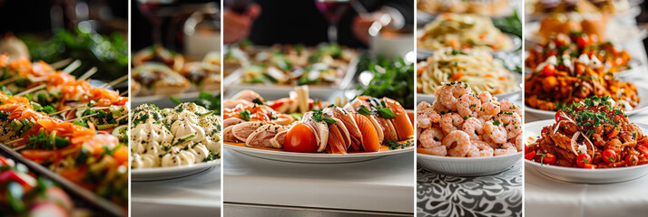 Poster - Various types of food such as fruits, vegetables, meats, and bread arranged and displayed on a table. The assortment includes colorful and appetizing dishes, creating a diverse culinary spread
